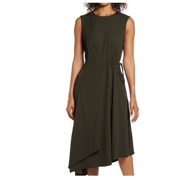 Maggy London Asymmetrical Drape Midi Dress In Olive 2 NWT - Picture 12 of 15